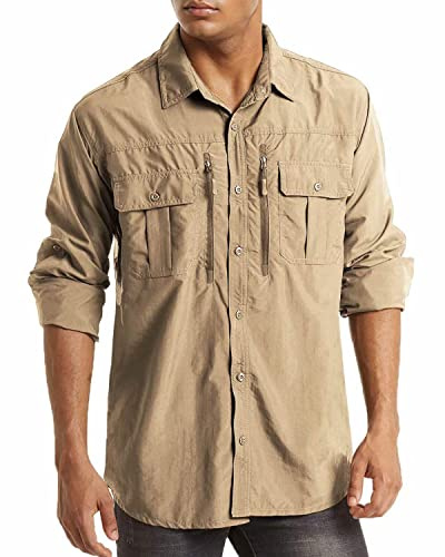 MAGCOMSEN Herren Tactical Hemd US Army Langarmhemd UV Schutz UPF 50+ Funktionshemd Herren Outdoor Wanderhemd für Arbeit Camping Atmungsaktiv Stretch Tropenhemd Khaki 2XL