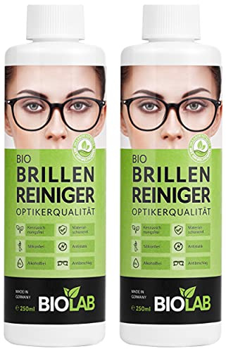 BIOLAB Bio Brillenreiniger - Set 500 (2x 250 ml Nachfüllflasche) für Brillen Reinigungsspray, antibeschlag für Brille, silikonfrei, alkoholfrei, anti beschlag