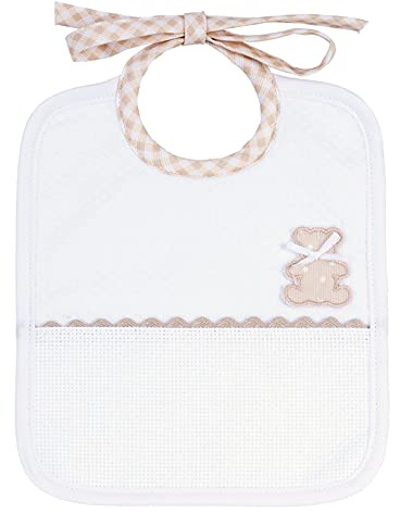 Filé – rektangulär haklapp av mjukt tyg, klubba mönster, vit, med broderi i björnform (beige) och ficka av Aida 55 hål för brodering, gråbrun, en storlek, 29 g