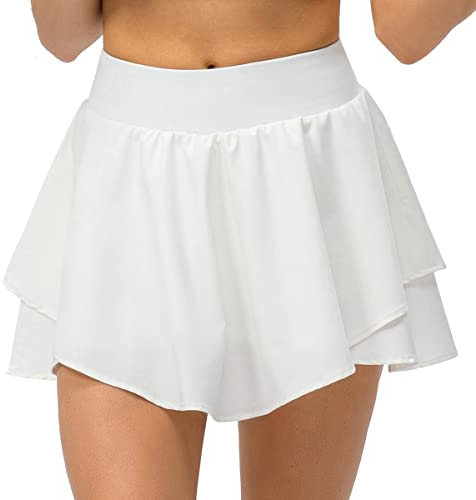 Machbaby Damen Sportrock Atmungsaktiv Dehnbaren lockerer Laufrock Sommer Outdoor Minirock mit Tasche & Innenhose(Weiß,XL)