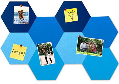 HULAVO 8Pcs Hexagon Felt Cork Board Tiles, Self Adhesive DIY Bulletin Board Pin Board for Office School Home Wall Decor Stickers Memos Photos Display (Gradual Blue)