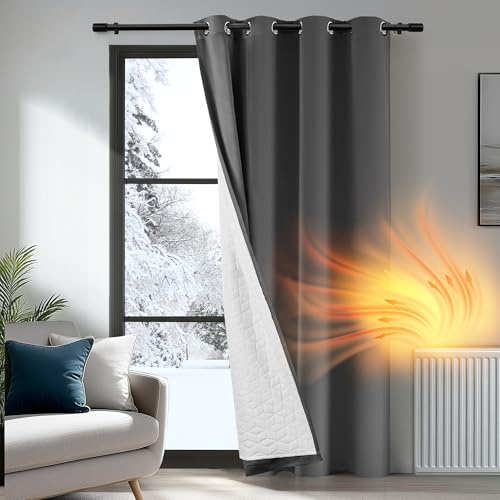 Deconovo Door Curtain Thermal, Blackout Curtain 90 Inch Drop, Eyelet Curtain with Thick Microfiber Liner,2-Layers Windproof Noise Reducing Dark Grey Panel for Door Living Room, 52x 90, 1 Panel