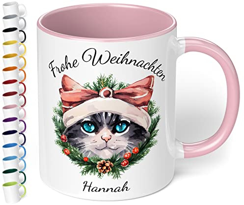 Weihnachtstasse mit Namen „Frohe Weihnachten Wunschname“ – mit 20 Katzen-Motiven - personalisierte Glühwein Tasse – schöne Kaffee-Tasse mit Spruch - Geschenk zu Weihnachten (Rosa)