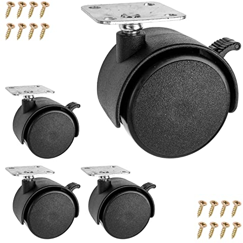 Set di rotelle per mobili, 4 pezzi, nero, rotella Ø 50 mm, altezza totale 64 mm, piastra avvitabile 38 x 38 mm con rotazione a 360°, rotelle girevoli da avvitare, portata 30 kg per rotella doppia
