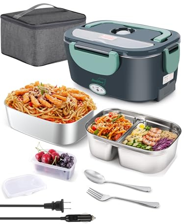 Buddew Electric Lunch Box 80W Food Heater with Dual Container, Portable Lunch Warmer for Adults, Upgraded Heated Lunch Box for Car/Truck/Office (GREEN-Dual Container)