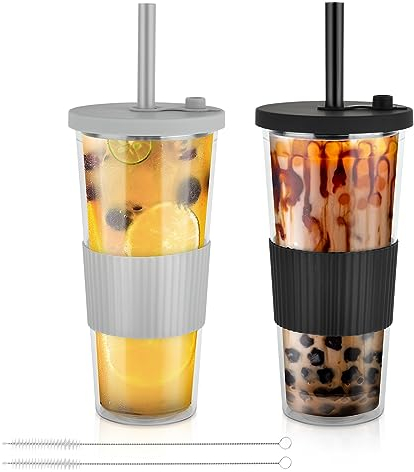 NUZEKY Trinkbecher mit Deckel und Strohhalm 730ml, 2er Set Becher mit Deckel und Strohhalm Becher to Go mit Strohhalm Bubble Tea Becher mit Strohhalm Smoothie Becher für Kaffee Früchtetee