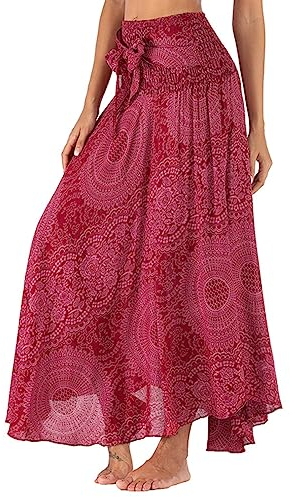 Adigaber Lang Gedruckter Rock Damen Chiffon Bohemien Einheitsgröße Maxirock Verstellbares Riemen Kleid Urlaub Sommerrock Strandkleider
