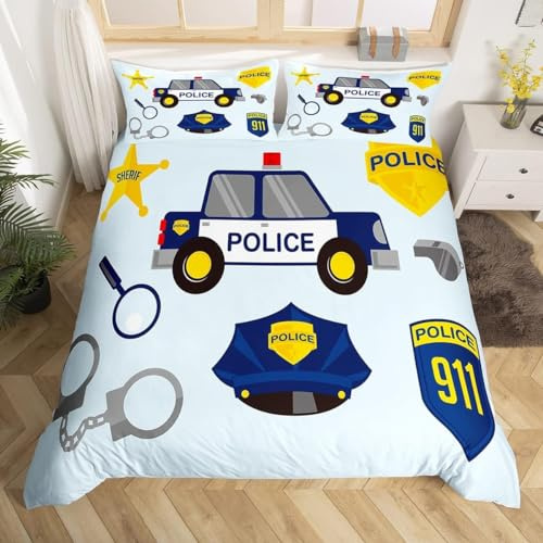 Bettwäsche 135x200 Polizei 3D Muster Polizeiauto Bettwäsche-Sets 3 Teilig Weiche Microfaser Bettbezug Set mit Reißverschluss und 2 Kissenbezug 80x80 cm J76