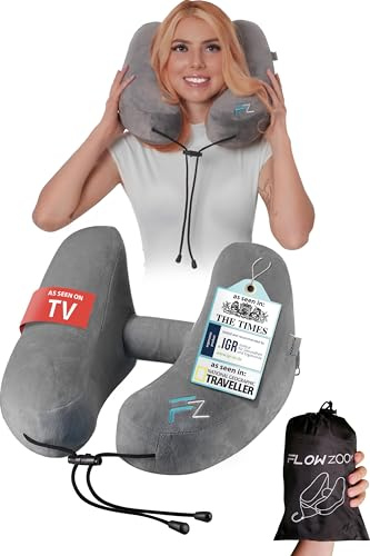 FLOWZOOM AIR Travel Neck Pillow for Airplane Inflatable Hooded Grey Size M