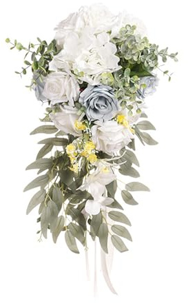 INIFLM Tropfenförmiger Blumenstrauß für die Braut mit Blumen, Rosen-Hochzeitssträuße für die Braut, Künstlicher Blumenstrauß, Kaskadierender Brautstrauß für Hochzeit und Heimdekoration(Blau)