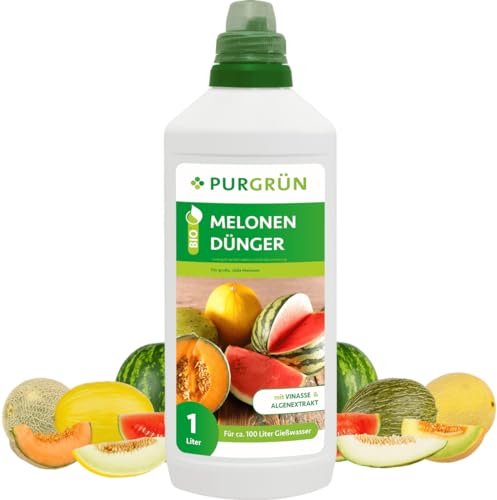 Purgrün® Bio-Melonen-Dünger 1 Liter – Organische Rezeptur – Premium-Flüssigdünger – NPK 4+1+7 – Mit Algenextrakt & Vinasse – Extra Kalium für große, süße Melonen – Ohne tierische Inhaltsstoffe