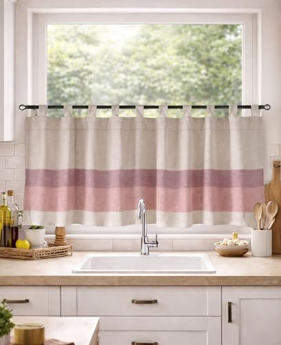 KAMACA Bistrogardine Schlaufenpanneau in Leinenoptik Rosa Küchengardine mit farbigem Streifen-Design Halbtransparenter Kurzstore Lichtdurchlässiger Sichtschutz Küche (HxB 45x140 cm Aurelia rosa)