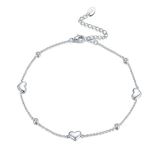 Lieson fotkedja 925 silver dam vristlänk kedja med hjärta och zirkonia sommar barfota strand fotkedja, Sterlingsilver, Cubic Zirconia
