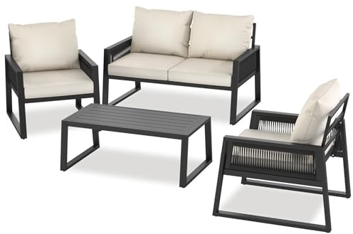 tectake® Rope Design Lounge Möbel Set für Garten oder Balkon, Outdoor Sitzgruppe Terrassenmöbel mit 2X Sessel, 1x Sofa, 1x Tisch in Holz Optik, inkl. Gartenmöbel-Kissen, wetterfest, 405059