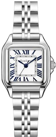Szaikyri Klassisches Quadrat Damenuhr mit römischen Ziffern Damenkleiduhren Armbanduhr Damen (Silver Blue)