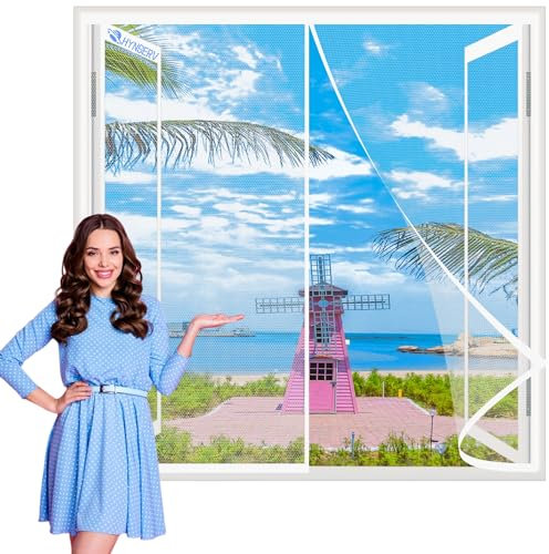 Magnetic Screen Window White 100x140cm Magnetic Window Fly Screen Net Double Door Screen Magnetic Closure with Self-Adhesive Tape Keep Bugs/Flys/Mosquitoes Out