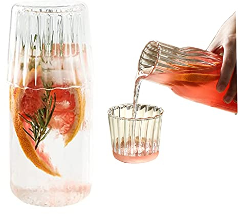 4pcs Water Carafe Set With Tumbler Glass 600ml Ribbed Bedside Water Carafe With Glass Cup Set Clear Glass Water Pitcher Vintage Glass Mouthwash Bottle Bedside Water Carafe And Glass Set Mouthw