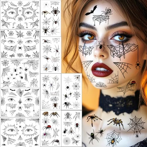 Halloween Gesichtstattoo, 11 Blätter Erwachsene Kinder Schminke Accessoires, Halloween Kostüm Damen Gruselig Spinnen Tattoo Aufkleber Gesicht Hexen Vampir Make Up Zubehör