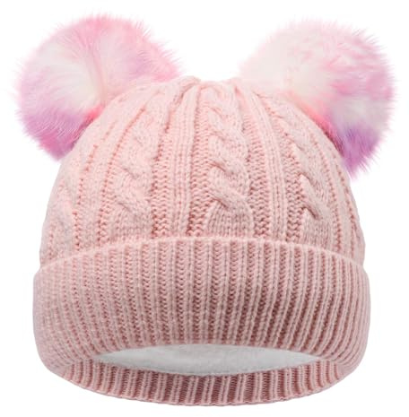 LUCKYBUNNY Kids Pom Pom Beanies Winter Caps Toddler Girls Warm Fleece Lined Knit Hat for 7-14 Years Old Pink