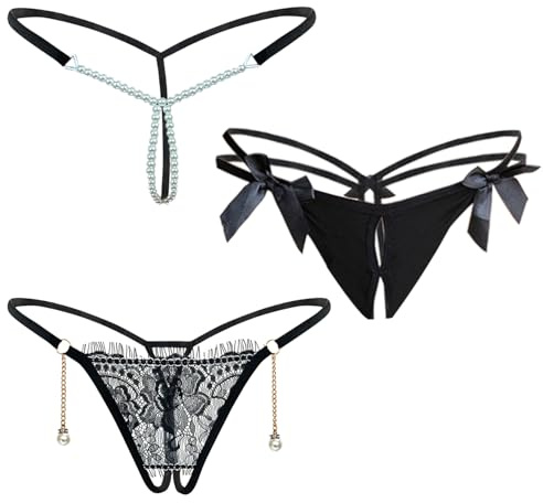 NLAND Dam stringtrosor 3 delar tanga spets trosor genomskinlig stretch midja trosor med rosett och kedja andningsbar bikini, V-formad, One Size