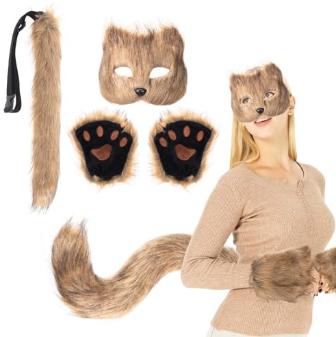 Coptiner Fuchs Cosplay Set Kunstpelz Fuchs Maske flauschiger Schwanz und Pfoten Handschuhe Set Halloween Party Cosplay Kostüm Accessoire Nettes Kostüm Party Dekoration(Braun)