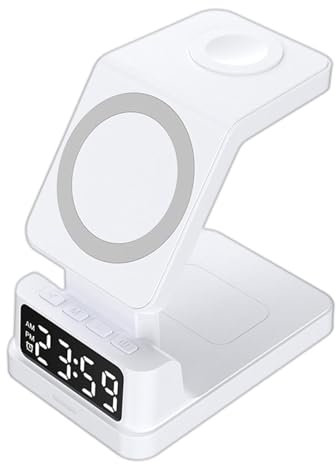 Digital väckarklocka med trådlös laddning - trådlös laddningsstation med väckarklocka, 15 W 4-i-1 magnetisk stativstation för telefon, trådlös laddningshållare med chipset