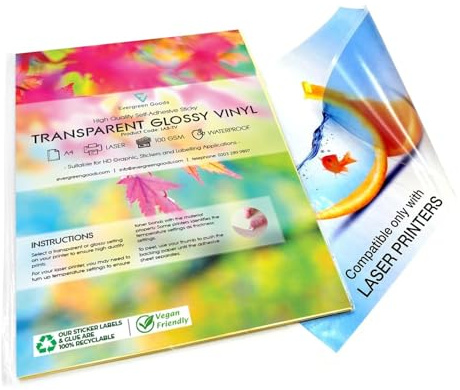 100 Blatt hochwertiges wasserfestes A4-Vinyl, transparent/glänzend, selbstklebend, laserbedruckbar