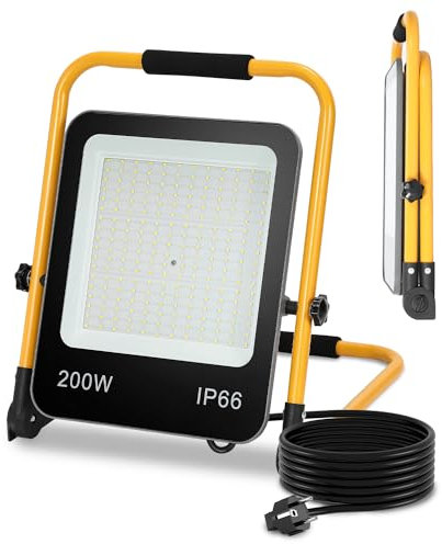 Fiqops Faretto LED da costruzione, 200 W, 16000 lm, con treppiede e cavo da 3 m, lampada da lavoro a LED con spina, IP66, impermeabile, per garage, officina, cantiere, bianco freddo
