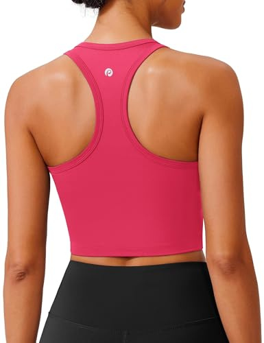 PINSPARK Sportbehå för kvinnor utan bygel, racerback, push-up, sportbehå med avtagbar, vadderad, andas, jogging, yoga, fitness, bh, sömlösa crop tanktoppar, ROSA, XL