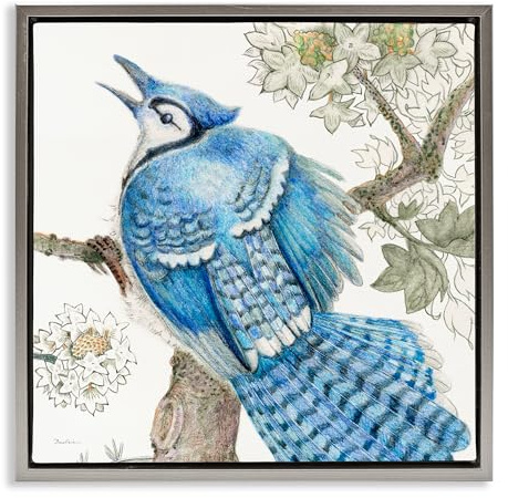 Stupell Industries Rhododendron & Blue Jay Framed Floater Canvas Wall Art Design by Evelia Designs, Gray Floater Frame, 18 x 18
