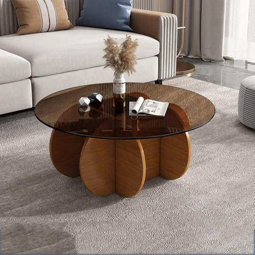 ZHENCHAO Moderner runder Couchtisch mit Glasplatte und Massivholzsockel, Platte aus klarem gehärtetem Glas, stilvoller Mitteltisch für Wohnzimmer oder Terrasse, 78,7 x 40,6 cm, Eichen- und