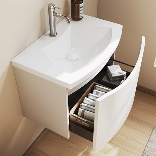 BRIDGE BENO Mobile Da Bagno Curvo Da 60 cm Con Lavabo in Resina – Mobile Compatto Con Cassetto a Chiusura Ammortizzata, Bianco Opaco