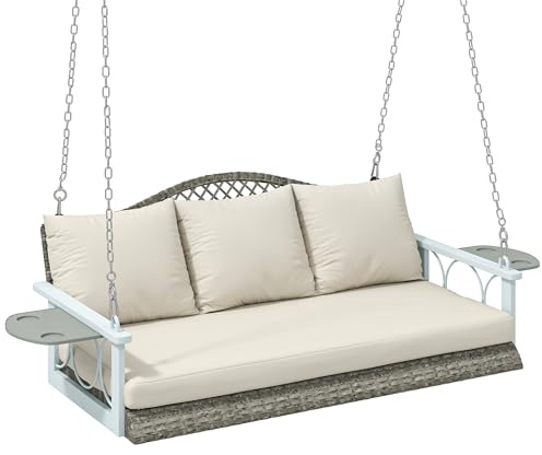 Outsunny 3 Person Wicker Porch Swing Chair Heavy Duty 800 LBS with Cup Holder, 57 Inch Outdoor Rattan Patio Hanging Swing Bench with Cushions and Chains for Garden, Backyard, Natural Wood