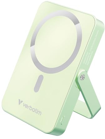 Verbatim Charge 'n' Go MagSafe Powerbank 10 000 mAh grön 15 W magnetisk – PD 22 W snabbladdningsfunktion LED-display och fällbart stativ för iPhone 16/15/14/13/12 Pro/Pro Max – inkl. USB-C-kabel