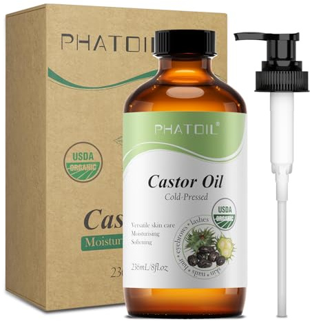 PHATOIL Bio Rizinusöl Kaltgepresst 236ml, 100% Natürlich, Hexanfrei | Geeignet für Haare, Körper, Wimpern und Augenbrauen. Vielseitig einsetzbar als Massageöl und Basisöl für die tägliche Pflege.