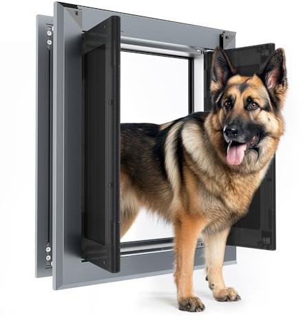 Aluminum French Large Dog Door,Strong Double Magnetic Flaps,with Aluminum Telescoping Tunnel Heavy-Duty Do g Door for L arge and Medium Dog Up to 110LBS (Large,Smoky Gray)