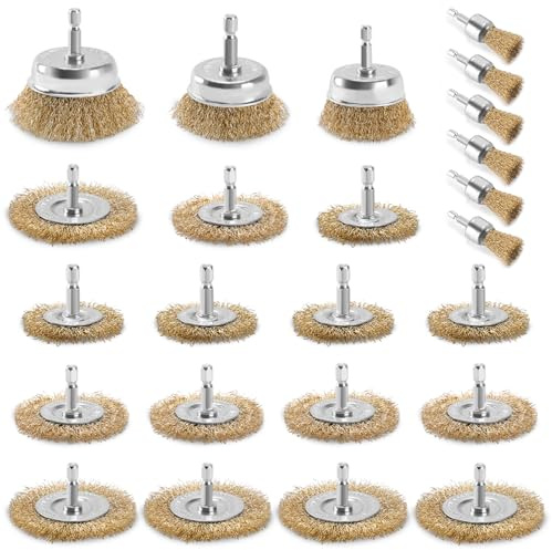 24 Pack Wire Wheel Brush for Drill, Carbon Steel Bristles Wire Cup Brush Set Coarse Crimped Abrasive Brass Coated Brushes with 1/4 Inch Hex Shank for Rust Removal