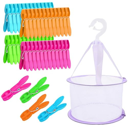 Wäscheklammern Mit Korb, 48 Stück Bunte Wäscheklammern Und EIN Wäschesack Mit Verstellbarem Windschutz, Ideal Für Wäscheleinen Und Kleiderbügel, 4 Farben (Rot, Orange, Grün, Blau)
