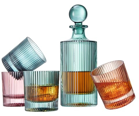 Khen Ribbed Decanter Set with 4 Glasses – Whiskey Bourbon Scotch Cocktail Drinkware | 5-Piece Muted Toned Glassware Collection | European Inspired Durable Barware Gift Elegant Home Bar 27oz 10oz