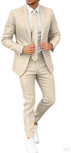 Botong Traje de lino ajustado para hombre, conjunto de pantalones blazer con un botón, traje de verano para la playa y boda