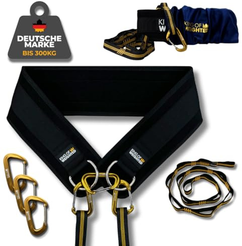 King Of Weighted Dip Belt, Premium Dip Belt with Nylon Daisy Chain and 3 Carabiner - Weight Belt for Streetlifting, Calisthenics, Strength Training, Bodybuilding - 300 kg Load Capacity (L)