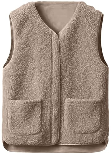 CheChury Chaleco Mujer Lana Polar Termico Forro Polar sin Mangas con Bolsillos Clásico Cómodas Cálido y Suaves Chalecos Elegantes Chaqueta Teddy Cremallera Cuello En V Elegantes Sólido Otoño Invierno