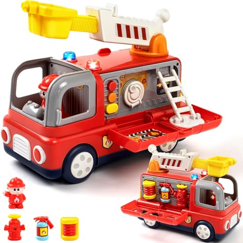 Marstone Camion de Pompier Jouet Enfant 1 2 3 4 Ans Voiture de Pompiers avec Lumières et Sons, Jouet Montessori avec Accessoires et Figurine, Jouet Éducatif Cadeau Garçon Fille, Cadeaux pour Garçons