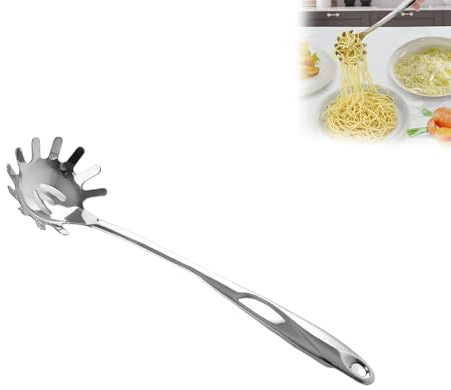 Hsyadazi Cuillère à spaghetti en acier inoxydable (33 cm) – Louche à pâtes professionnelle avec dents et trou de suspension, avec poignée ergonomique – Cuillère à pâtes résistante à la chaleur en