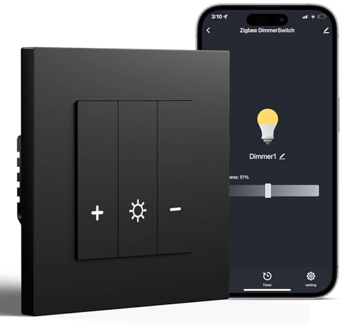 BSEED Smart Zigbee Dimmschalter Unterputz, Smart Dimmer Lichtschalter Kompatibel mit Alexa/Google Home/Tuya, PC Rahmen, Benötigt Nullleiter & Zigbee-Gateway, Schwarz