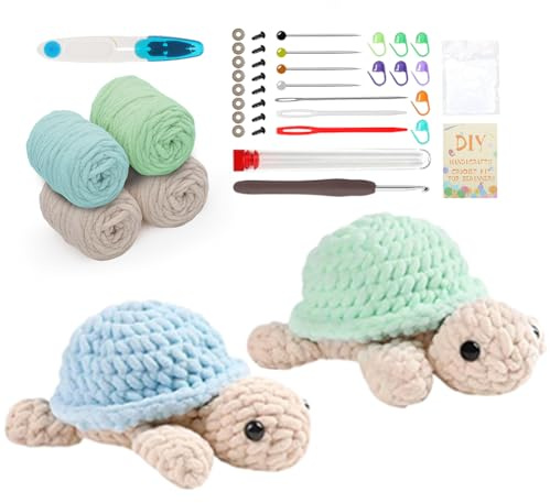 MIUUIPI Häkelset für Anfänger, Häkeln Tier Kit Komplett Schildkröte Strickset mit Haken Nadeln, Garn und Video Anleitung, Häkelset Einsteiger Tier Set, Häkel-Starter-Kit Crochet Set für DIY Häkel