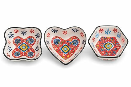 JRose Collections Ceramic Snack Bowls Set of 3, 9 cm Assorted Shapes and Colours, Small Serving Bowls for Snacks Dips Sauces, Decorative Ceramic Bowls with Presentation Box