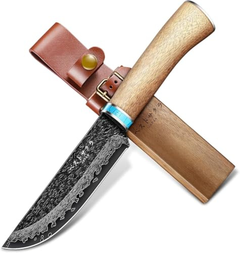 Freelander Outdoor Messer mit Holzscheide, Survival Messer aus Damaststahl | Kompaktes Campingmesser Outdoor Messer mit Feststehender Klinge für Bushcraft, Wandern & EDC