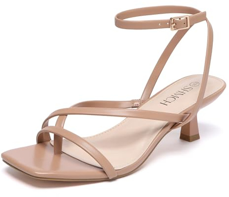 SHMCH Nude Kitten Heels for Women Square Open Toe Heeled Sandals Low Ankle Buckle Strap Flip Flop Heels for Summer Dress Sandals Nude Heels 9