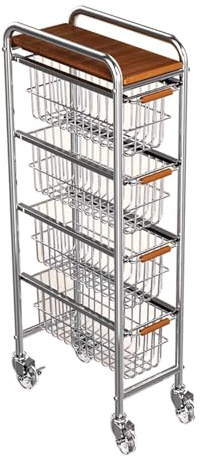 Carrello da cucina in metallo a 5 Ripiani con piano in legno, Cestelli portafrutta estraibile, Carrello Stretto per verdure, Scaffale Portaoggetti Multiuso con rotelle 39×21×90 cm